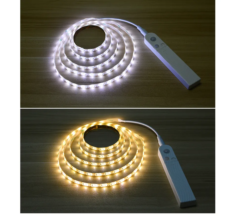 Bande LED sans fil avec détecteur de mouvement, 1M 2M 3M, alimentée par batterie, veilleuse sous le lit, pour placard, armoire, escaliers, couloir