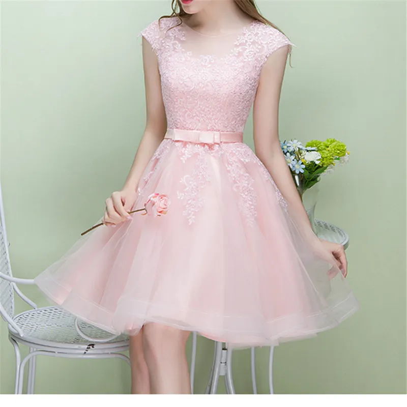 Pink Knee Length Ball Gown Prom Dress With Applique Detailing And