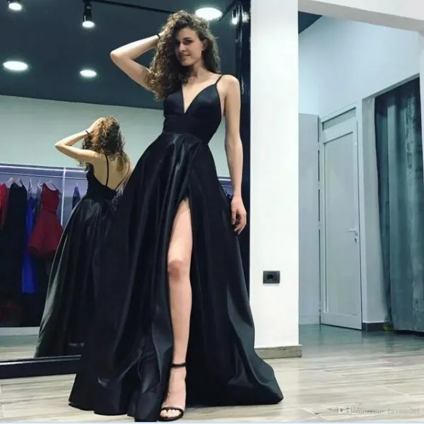 Sexy preto profundo decote em v a linha de vestidos de noite espaguete correias de alta fenda longo sem encosto tribunal trem cetim formal vestidos de baile