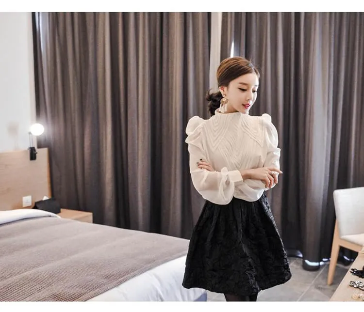 Spring New korean fashion Women's stand collar long sleeve puff sleeve embroidery lace patchwork chiffon OL blouse shirt3056