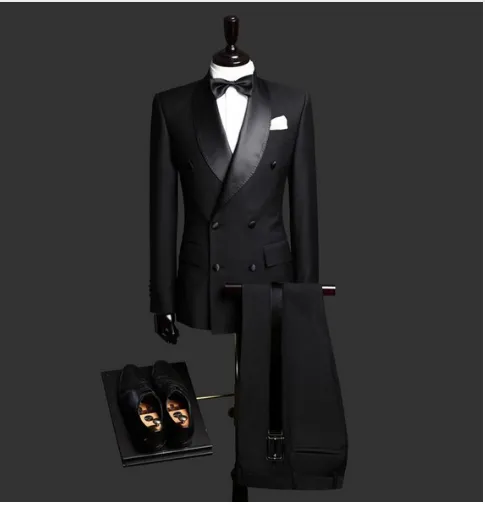 Hübscher Bräutigam-Smoking mit Schalkragen, zweireihig, schwarze Herrenanzüge für Hochzeit/Abschlussball/Abendessen, Blazer, Jacke, Hose, Krawatte