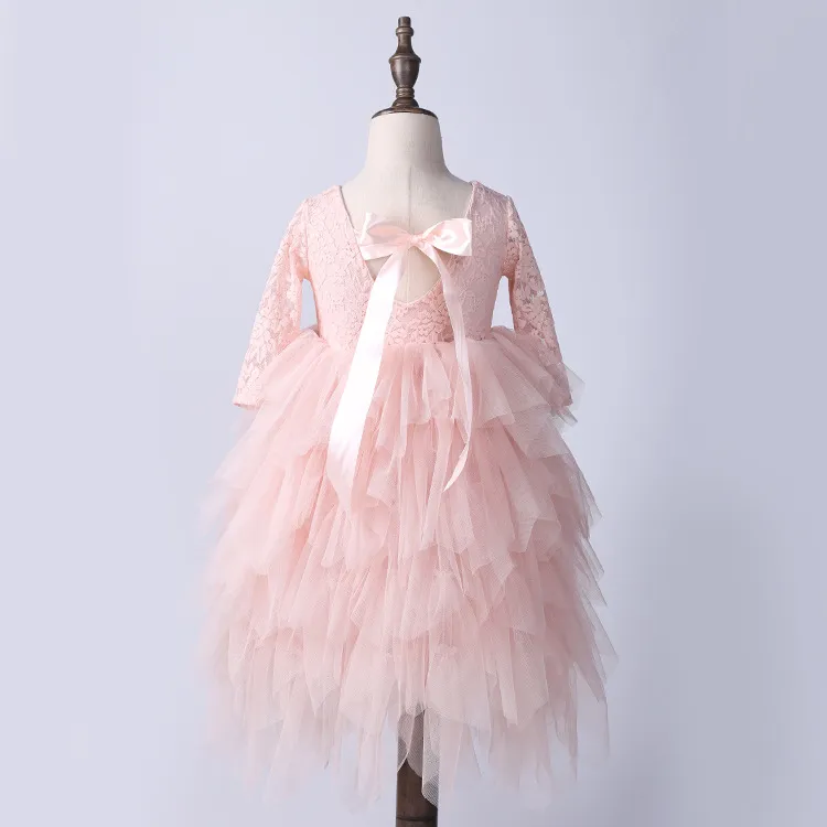 2018 Mädchen Spitze Bogen Kleider Baby Mädchen Prinzessin Langarm Kleid Babys Tüll Hochzeit Kleid Kinder Weihnachten Kleidung