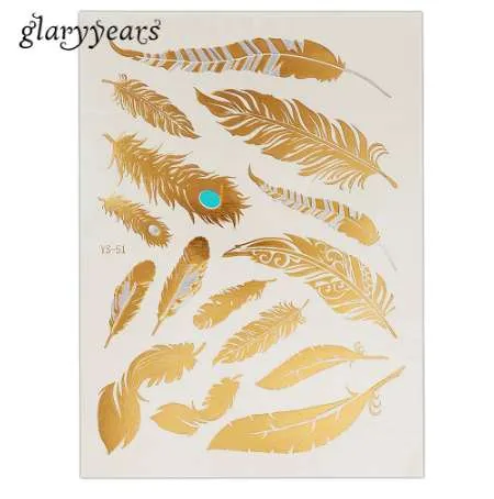 1PC Flash Metallic Wasserdichte Tattoo Gold Silber Frauen Mode Henna YS-51 Pfauenfeder Design Temporäre Tattoo Stick Paster