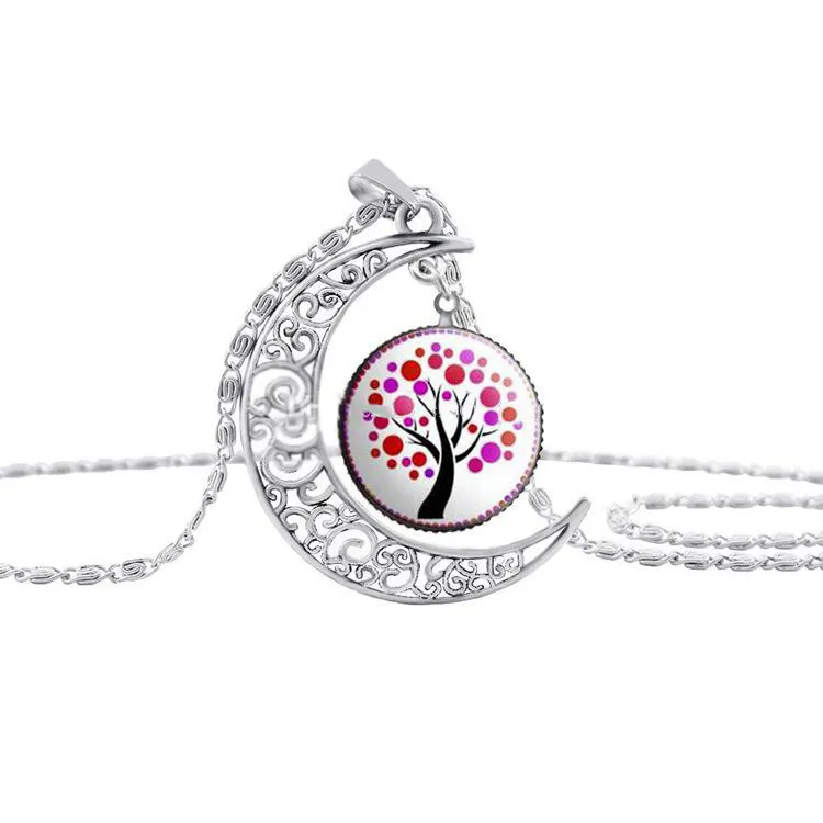 Collier pendentif arbre de vie, couleur argent, lune, classique, Cabochon en verre, collier arbre de vie, à la mode