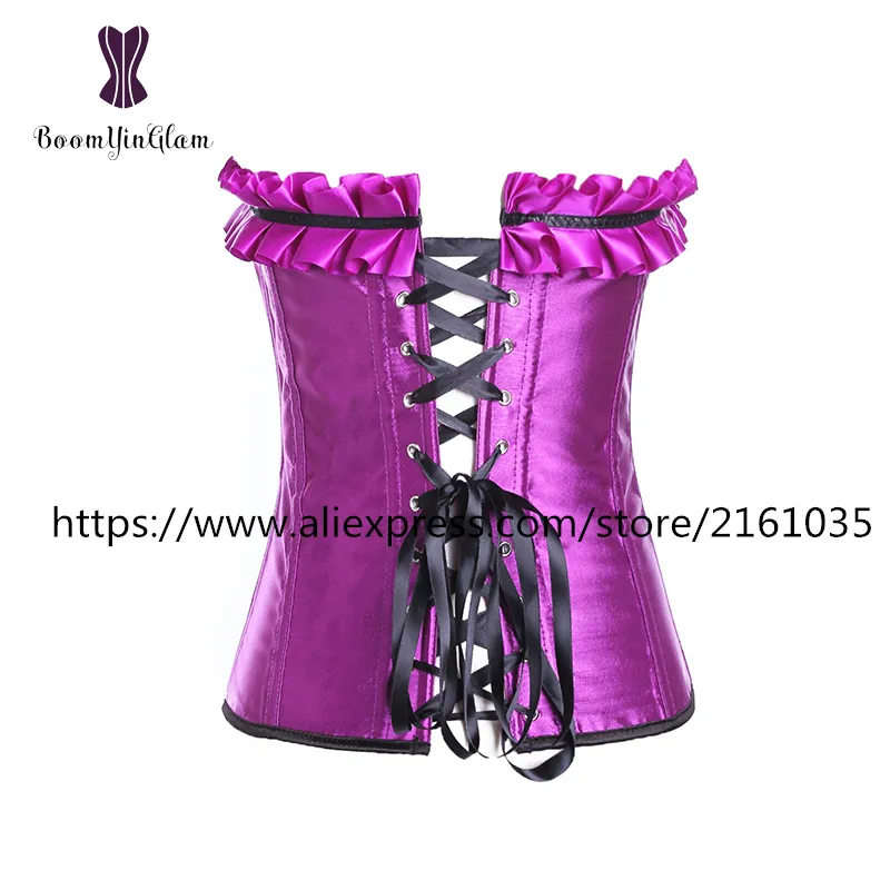 866 # ment alta qualidade roxo espartilho ruffles espartilho lantejoulas bustier sobreposição de renda corselet + saia espartilho