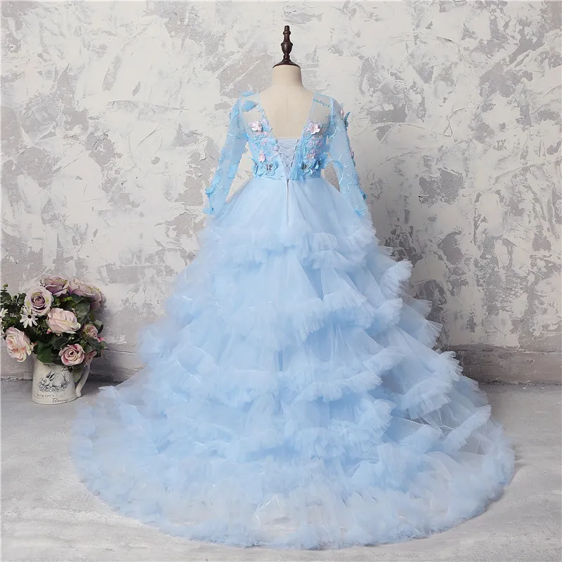 Buz Mavi Kelebek Aplikler Kızlar Pageant Törenlerinde Sheer Uzun Kollu Lace Up Geri Çiçek Kız Elbise Düğün İçin Tül Katmanlı Bebek Balo