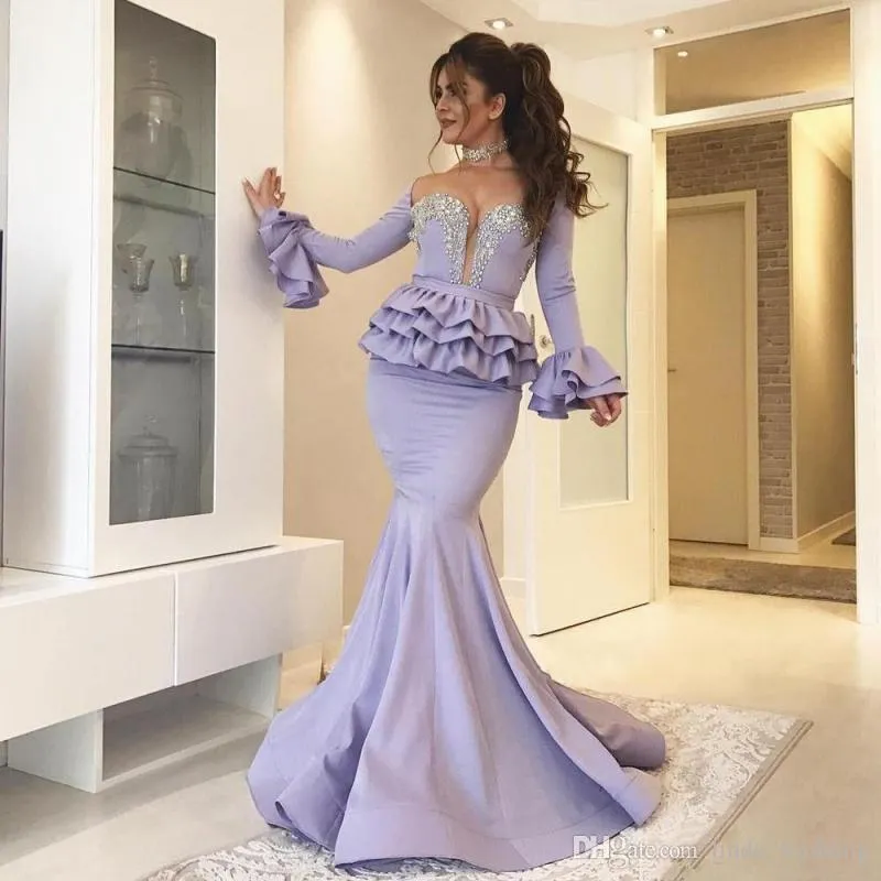 2019 Leylak Lavanta Abiye Mermaid Peplum Yorgun Uzun Kollu Tatil Giyim Pageant Balo Parti Kıyafeti Custom Made Artı Boyutu