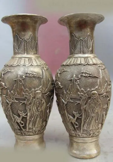 الصين التبت الفضة الخيزران p فو لو شو بوذا زجاجة وعاء إناء زوج تمثال