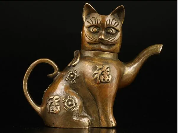 Teiera antica delle statue del gatto dell'ottone della colata fatta a mano superba asiatica