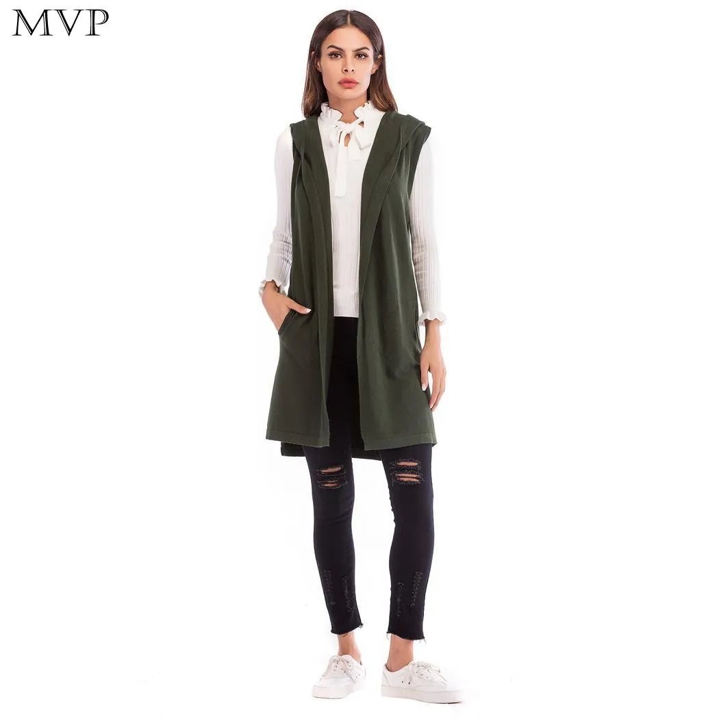Sleeveless Green Casual Fashion Women Long Vest Gray Hooded Solid Spring Cardigan Autumn Black Knit Winter Sweater