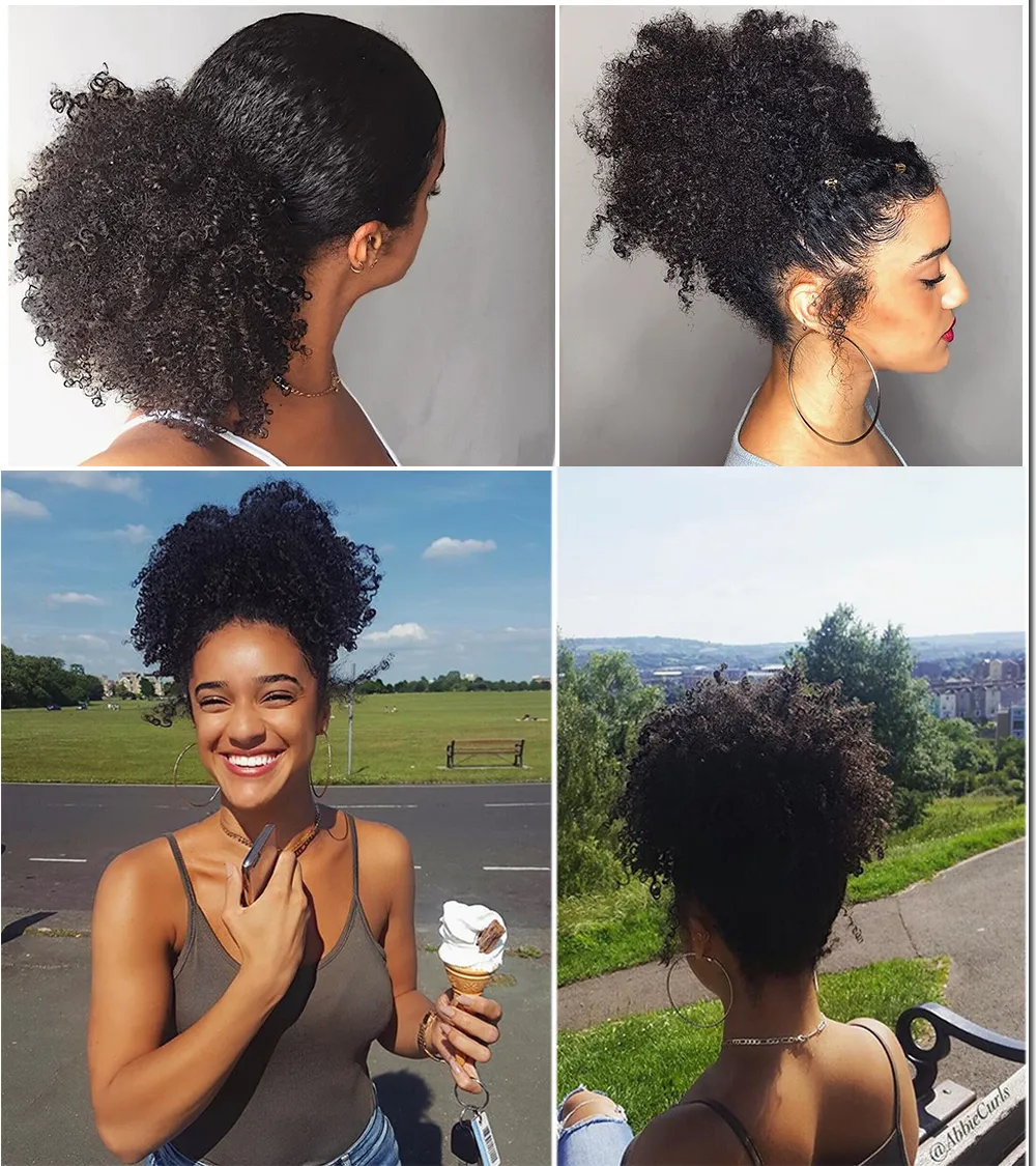 Afro Cabelo Humano Puff rabo de cavalo com cordão Afro Kinky Curly rabo de cavalo cabelo da extensão postiços afro-americanos com clipes (1B Preto)