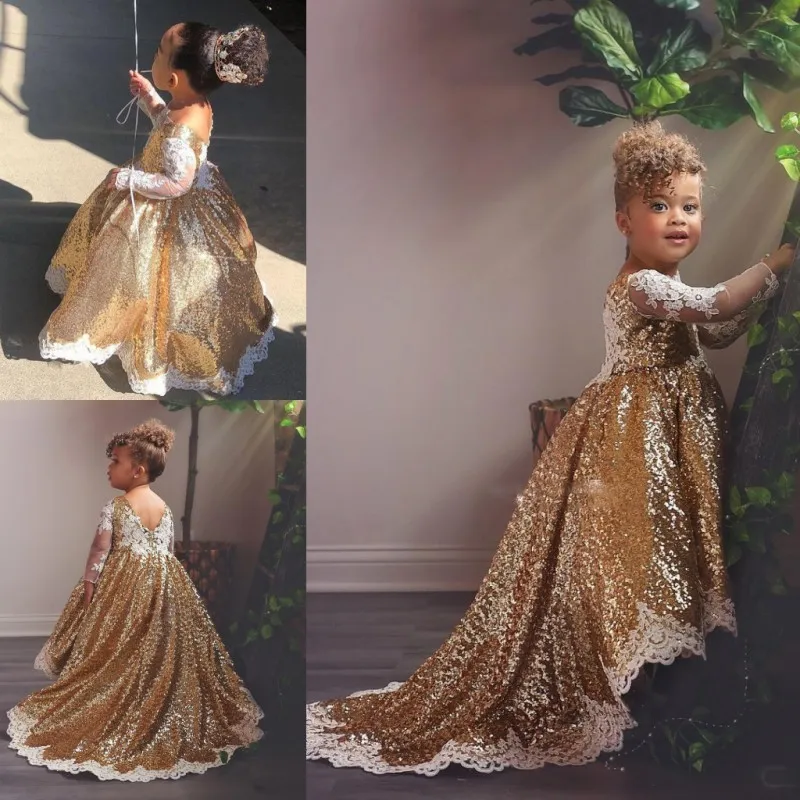 Gold Sequined High Low Girls Pageant Gowns With Lace Sheer Long Sleeves Sweep Train Flower Girl Dresses For Wedding Custom Made Baby Dress