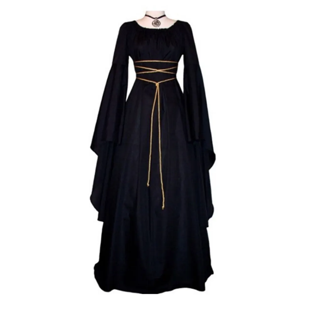 Medieval Women's Solid Vintage Victorian Gothic Dress Renaissance Maiden Dresses Retro Long Gown Cosplay Costume For Halloween