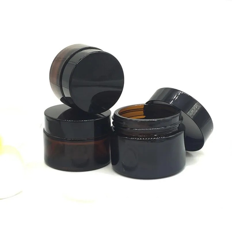 30g Glass Amber Facial Cream Jar 30ml Kosmetisk provbehållare Emulsion Refillerbar Pot Black Lid LX1254