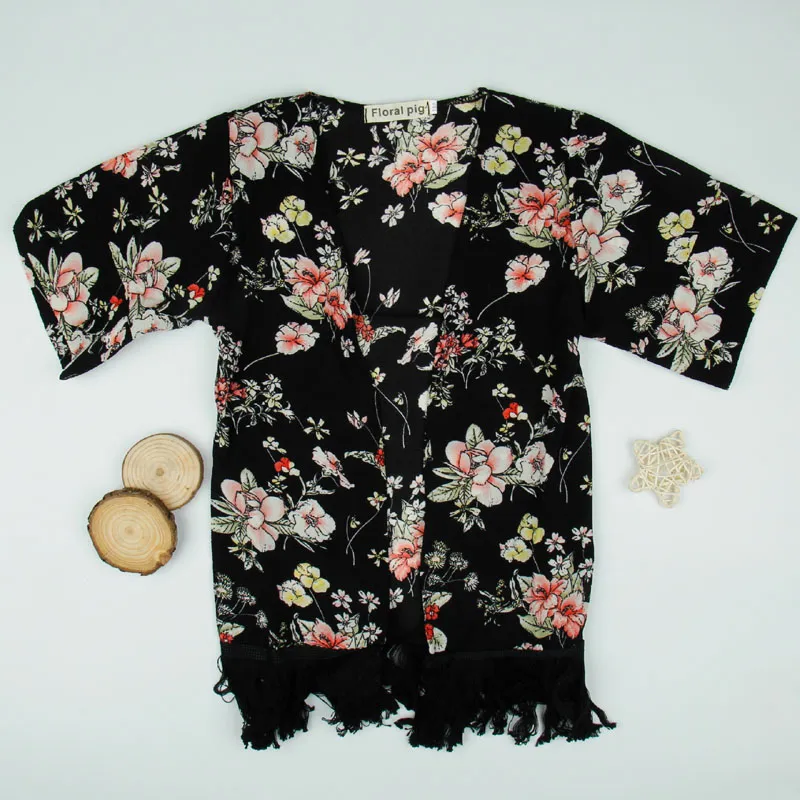 2018 New Fashion Baby Girls Caps Poncho with Tassels Black Pink Floral Printed Half Wide Sleeve Spring Summer Thin Tops Outfits 3 2620692