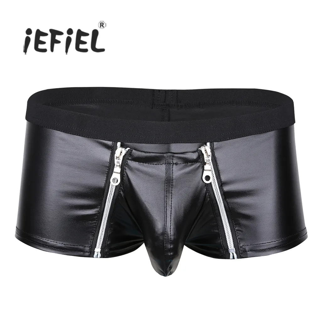 IEFiEL Men Lingerie Faux Leather Zipper Pouch Pouch Boxer Shorts