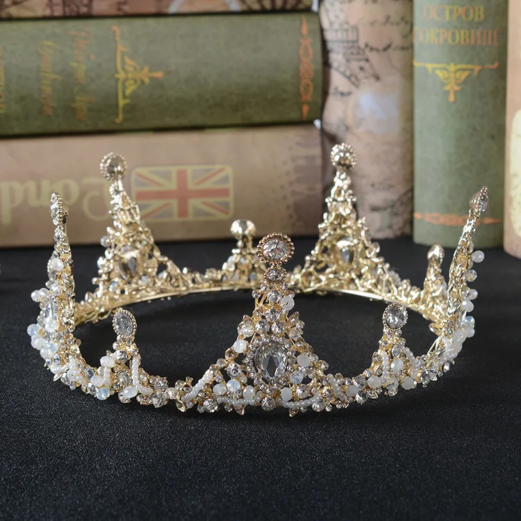 Ondiepe jin bai boor kristallen bruiloft tiara's en kronen bruids tiara's accessoires volledige kleine parels bruids tiaras kronen HG859