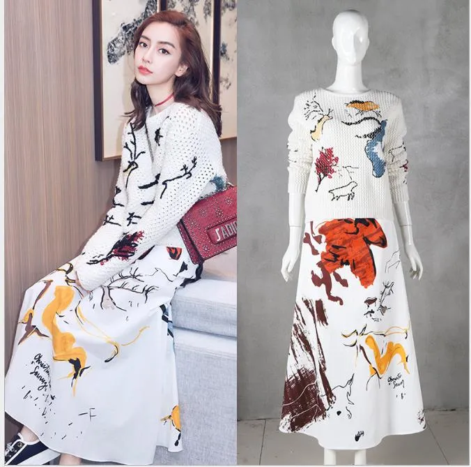 Mifairy 2018 White Derlet Birds Print Breien Tops en Lange Rokken Merk dezelfde stijl Lente 2 stuks Sets Dames Y11301