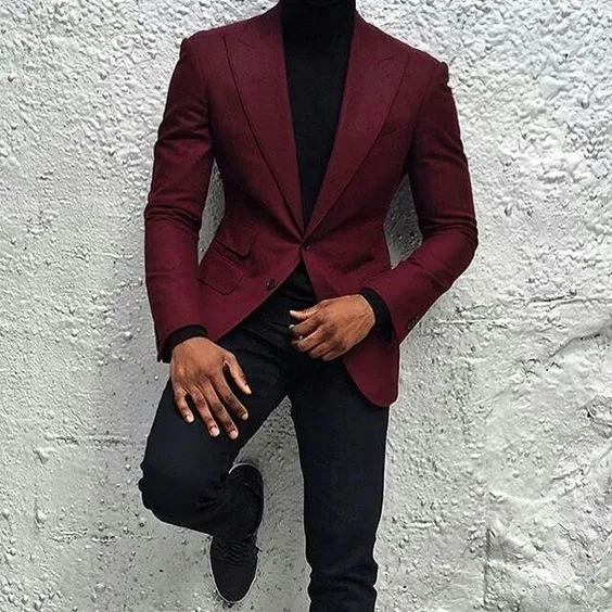 Ny mode burgundy brudgum tuxedos två knapp smal passform groomsmen män affärer formell kostym fest prom kostym (jacka + byxor + slips) nej: 118