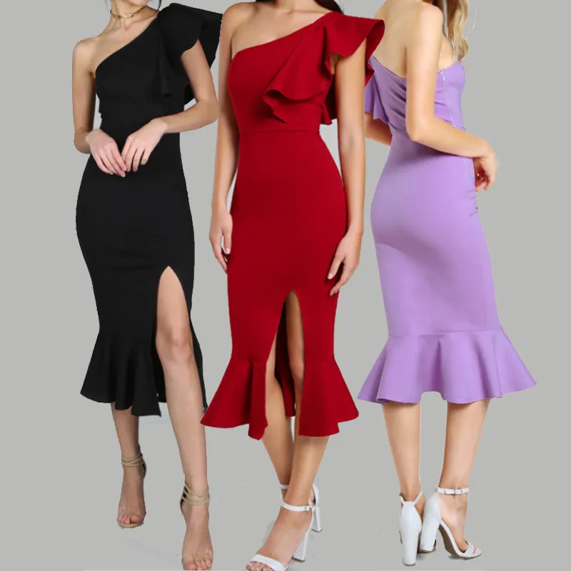 Slit Fishtail Summer Party Dress Burgundy One Shoulder Women Sexy Flounce Midi Dresses Elegant Empire Club Dress