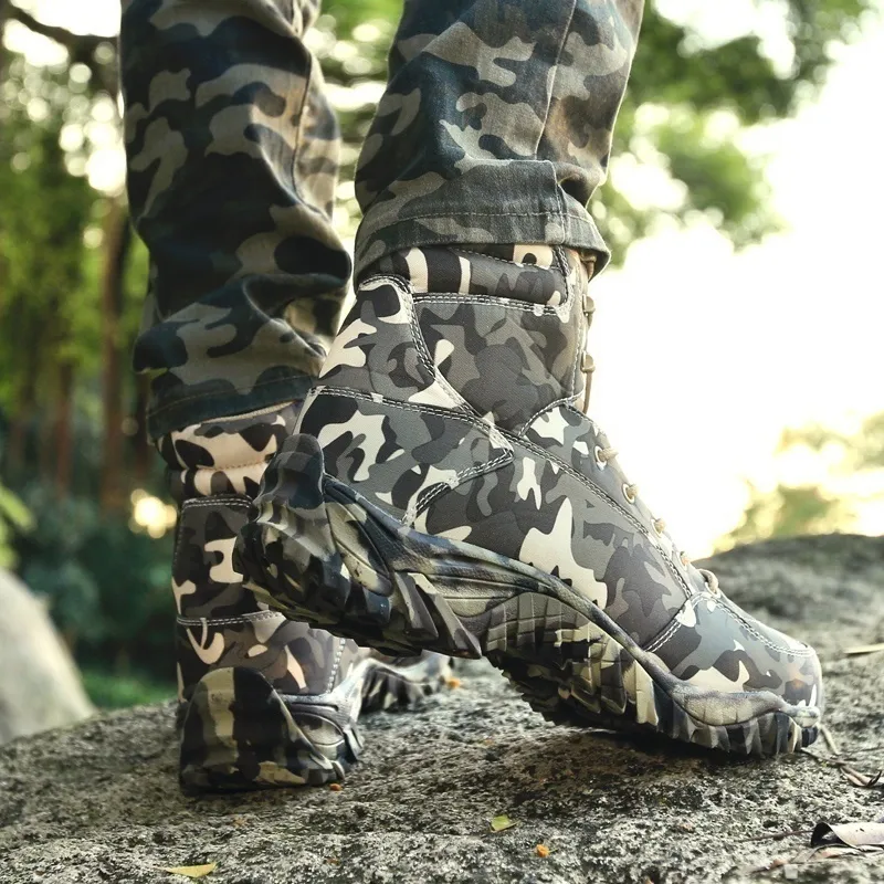 Manliga militära taktiska stövlar kamp armé utomhus vandring skor resor camping botas camouflage vandring skor fotled stövlar
