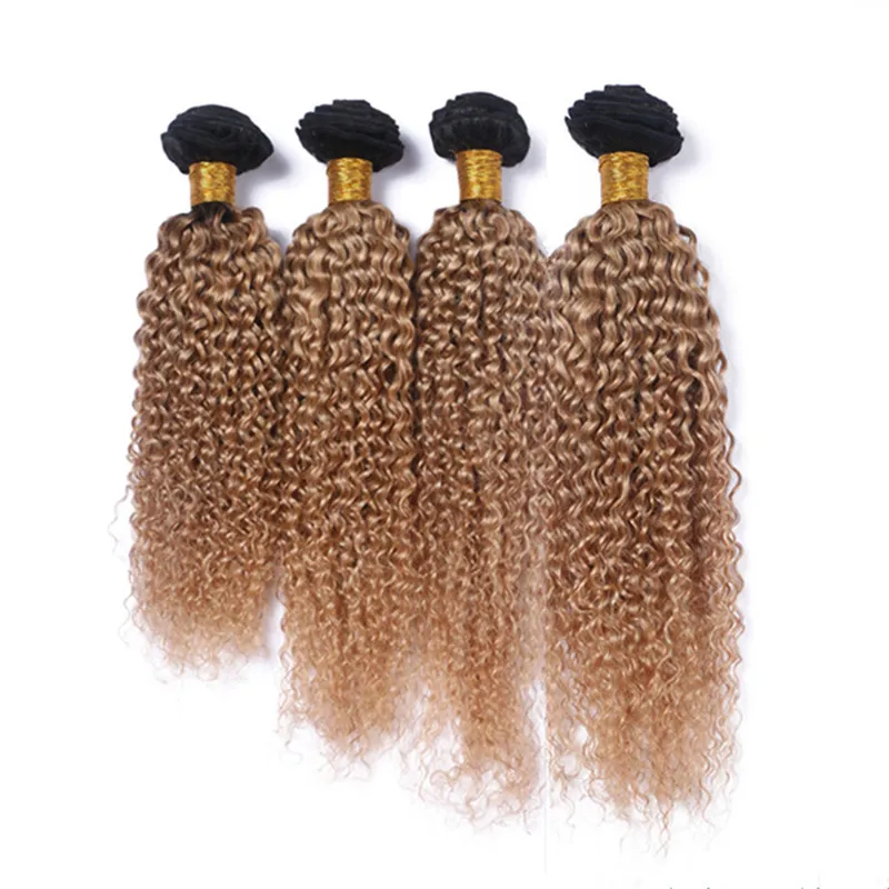 Kinky Curly # 1B / 27 Honey Blonde Ombre Estensioni del tessuto dei capelli umani brasiliani 4 pezzi / lotto Ombre marrone chiaro Fasci di capelli umani vergini Offerte