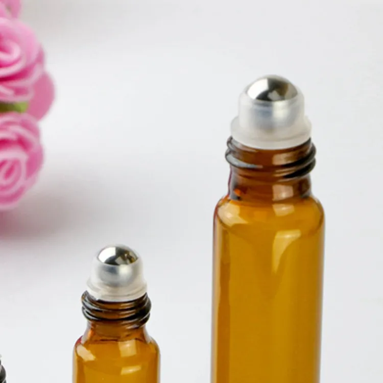 10ML 10G Amber Glass Roll On Bottle Empty Essential Oil Perfume Rollon Tube Stainlesss Steel Roller Ball Bottle Black Lid Travel Portable