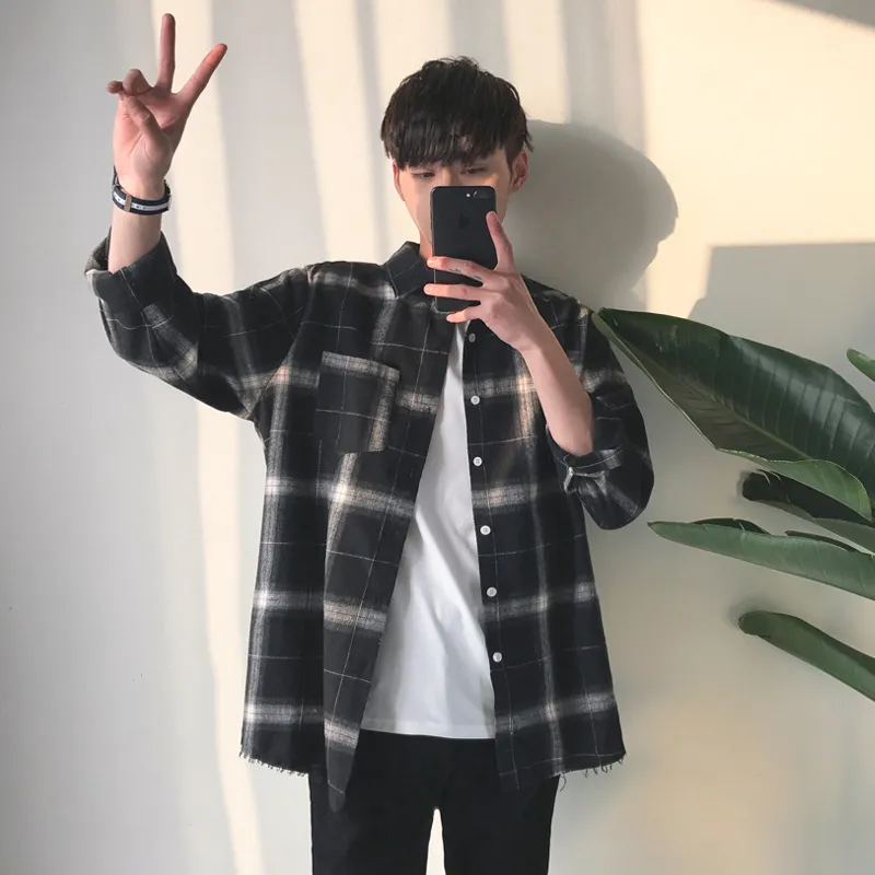 2018春秋の男性ファッションブランドins hot vintage古典的な格子縞韓国風ユニークなバリデザインシャツ男性カジュアルルーズシャツ