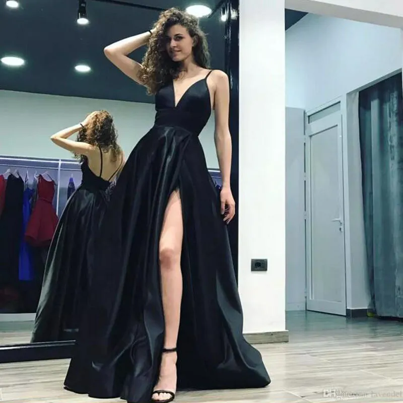 Sexy preto profundo decote em v a linha de vestidos de noite espaguete correias de alta fenda longo sem encosto tribunal trem cetim formal vestidos de baile