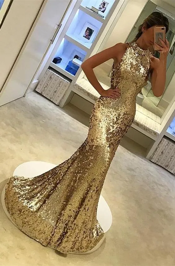 Sparkly Gold Cekiny Suknie Wysokiej Neck Syrenka Pagewe Prom Dresses Sweep Crystal Long 2022 Tanie Plus Size Evention Formal Suknie Sukienka