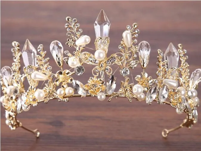 2022真珠の高品質の金色の水晶ラインストーンヘッドピースヘアスティックヘアバンドクラウン結婚式ティアラスアクセサリーパーティーティアラ安い