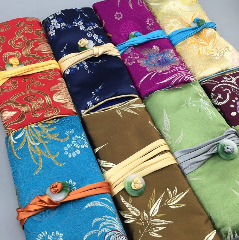 Jade Portable Travel Silk Brocade Jewelry Roll Bag Folding Cosmetic Storage Bag Drawstring Women Makeup 3 Zipper Pouch Bags 1pcs