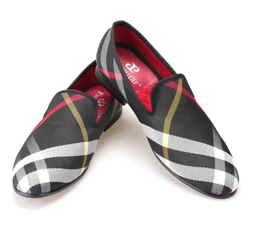 Blå och vit Plaid Canvas Shoes Luxurious Men Loafers Black Pig Leather Insole Mäns Casual Shoes Mäns Flats