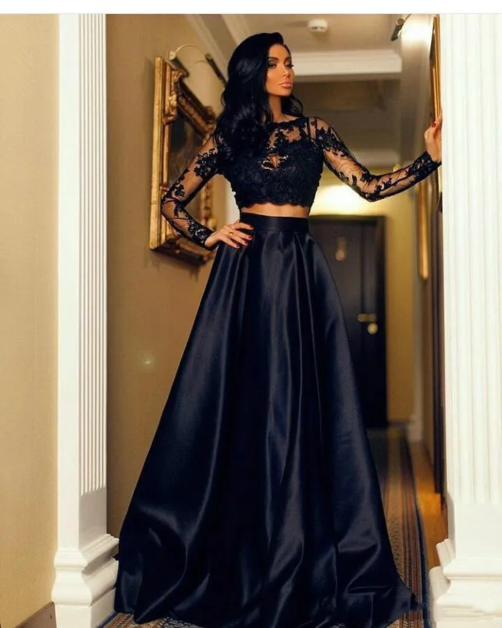 Sexy Two Pieces Arabic Evening Dresses Ball Lace Long Sleeve Black Plus Size 2018 Saudi African Prom Party Women Gowns Formal Wear