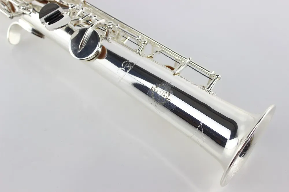 Märke Musikinstrument Suzuki sopran B (B) Saxofon Pearl Knappar Högkvalitativ mässing Silver Pläterad Utsökt Sax med väska