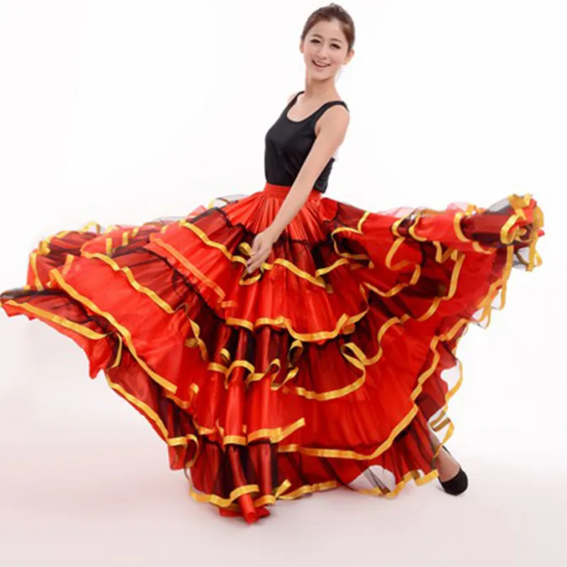 Kvinnor balsal spanska flamenco dans kjol dansare fancy dress kostym röd mage dans kjolar 360/540/720 grad dl2878