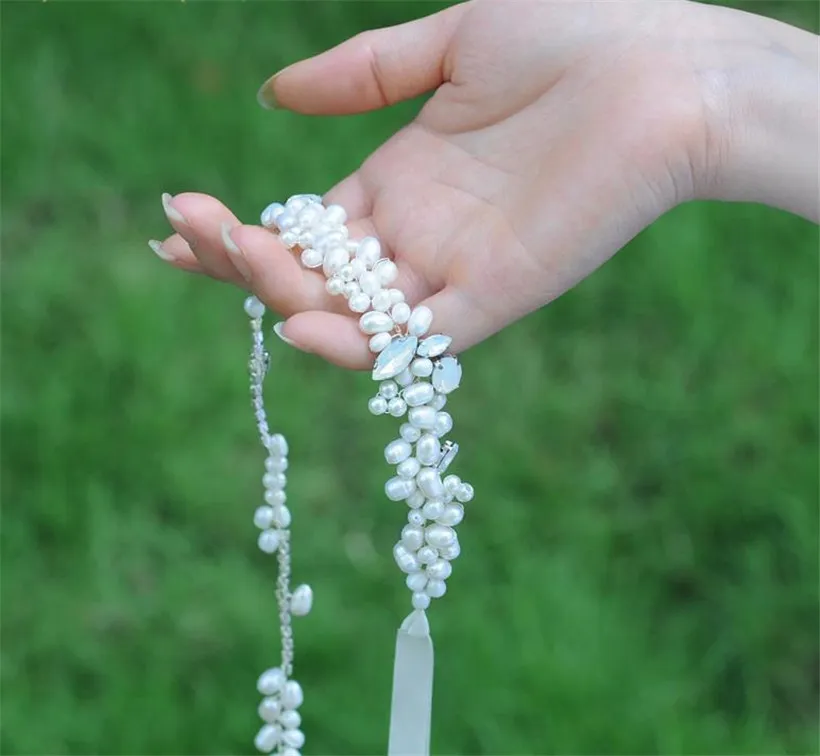 Wedding Bridal Freshwater Pearls Headband Hairband Ribbon Crystal Rhinestone Crown Tiara Princess Women Korean Head Bands Beads Headdress Hair Accessories