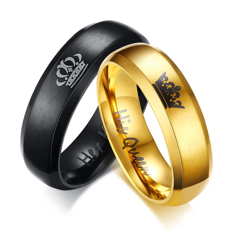 Free Engraving 6mm Couples King and Queen Rings Personalized Stainless Steel Wedding Rings with Crown King & Queen Design