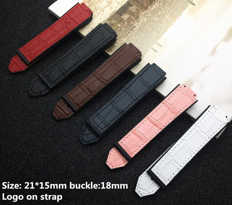 Neues buntes Leder-Silikon-Armband für Damenarmband und Uhrenzubehör, 15 x 21 mm Gürtel, 18 mm Schnalle, Logo auf
