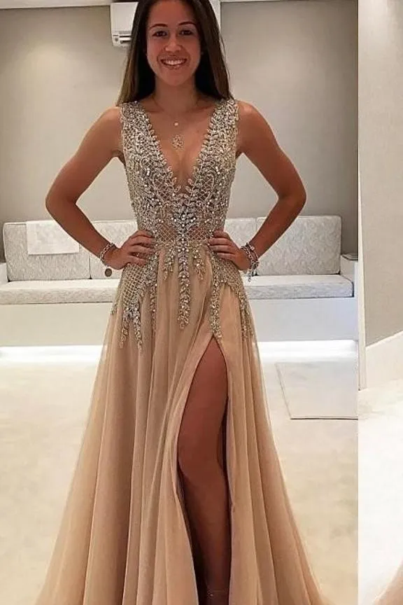 Couleur Luxury perled Side Split Robes de bal 2020 Deep V cou Voir à travers le dos Saudi Arabe Longues robes de soirée Crystal Plus7163102