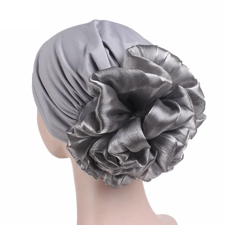 New Woman Big Flower Turban Elastic Cloth Head Cap Hat Beanie Ladies Hair Accessories Muslim Scarf Cap for Hair Loss Girl Hats