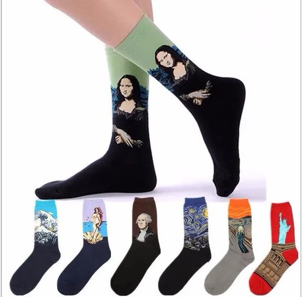 Konststil Skateboard Sock Kvinnor Män Bomull Vintage Staty av Liberty Mona Lisa Starry Sky Kiss Socking Lovers Middle Tubocks