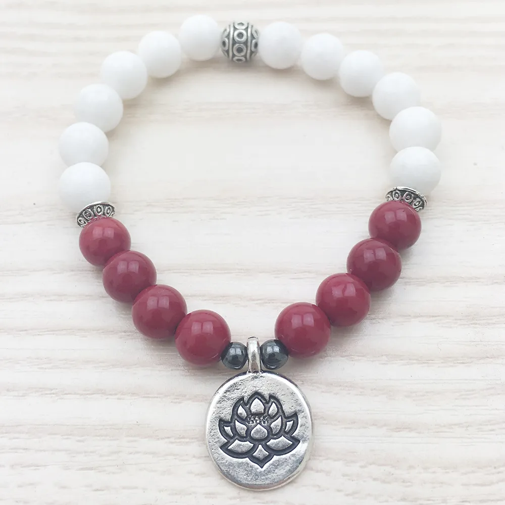 SN1102 Rose Jade Femmes Bracelet Blanc Jade Bracelet Tierra Cast Lotus Charme Yoga Méditation Mala Perlé Jade Bracelet Cadeaux Pour Elle