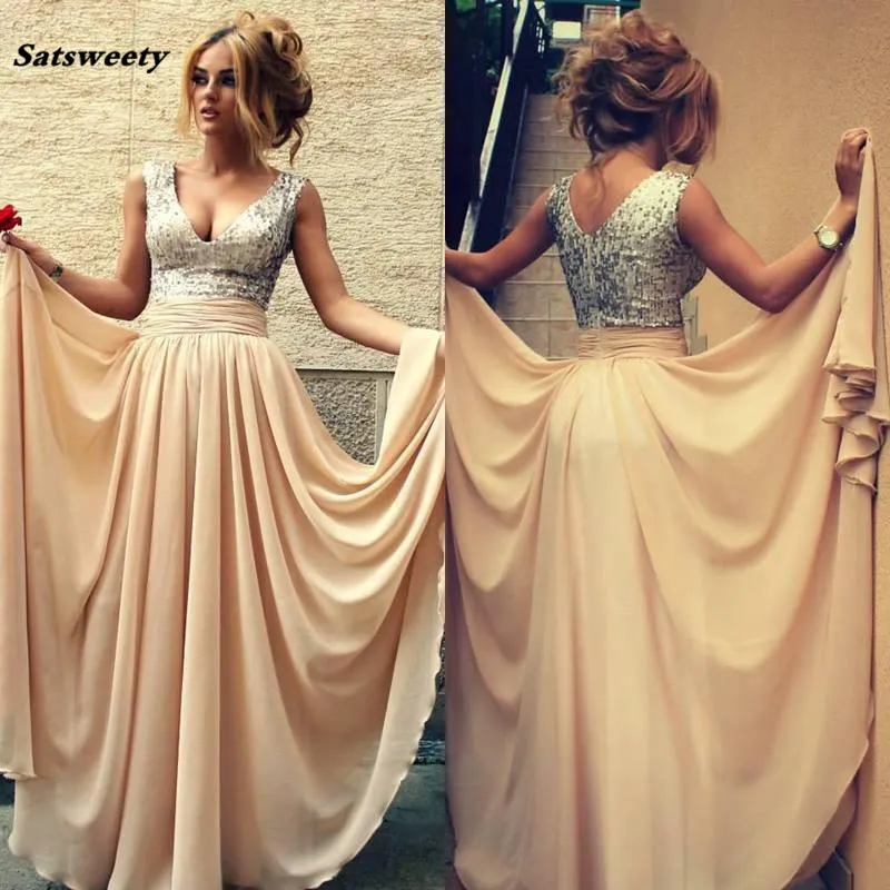 Real Image Sequins Chiffon Prom Dresses V Neck Champagne Sexy Bridesmaid Formal Evening Gowns Cheap