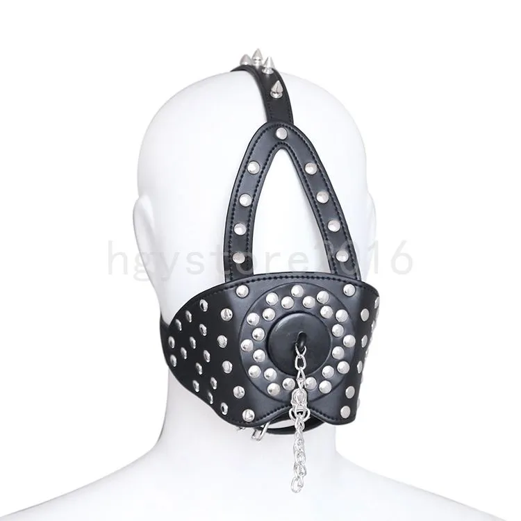 Bondage Black Leather Harness Mouth Plug Open Hole Gag Stopper Head Spiked Strap StrepDed #G94.