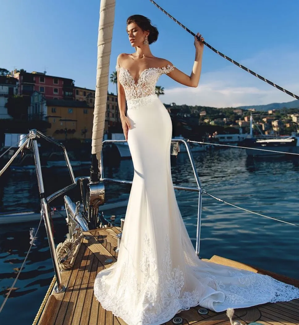 Mermaid Sheer Off Shoulder Lace Mermaid Wedding Dress With Lace Trumpet And  Detachable Train Tulle Vestido De N279Q From Doer69, $112.29