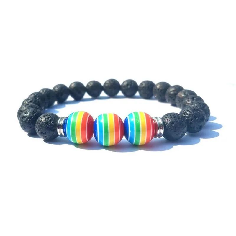 10mm regenboog streep bal 8mm zwarte lava stenen kralen armband DIY etherische olie diffuser armband mannen en vrouwen stretch yoga sieraden