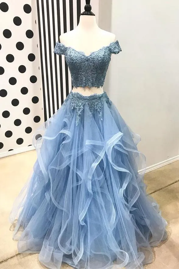 Twee stuk zwart wit prom dresses 2018 off-schouder top kant vloer lengte avondjurken tiered vintage arabische echte vakantie feest goedkoop