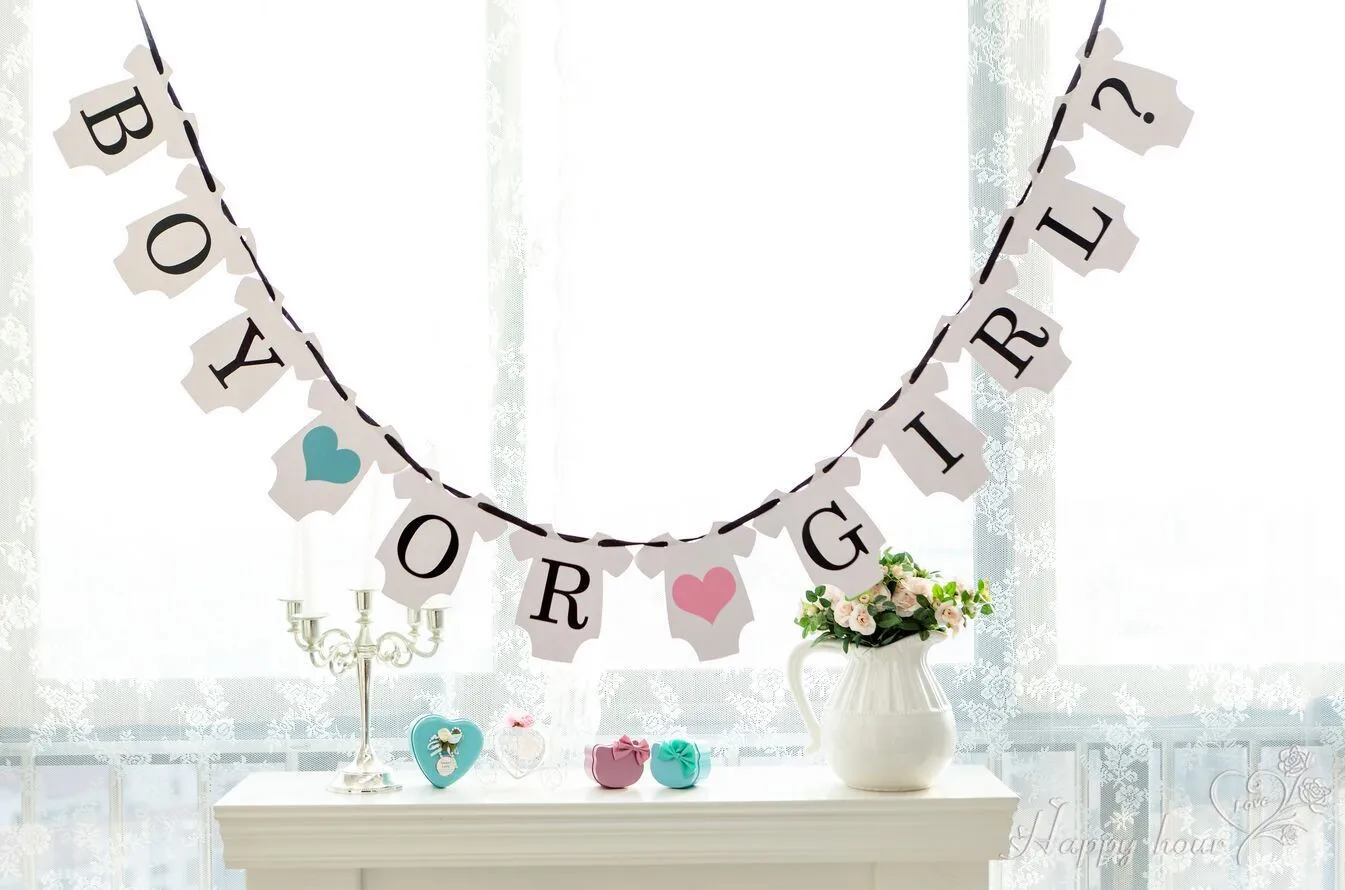 1 x pojke eller flicka / blå eller rosa banner baby meddelande tecken baby shower krans party dekorationer kön avslöja