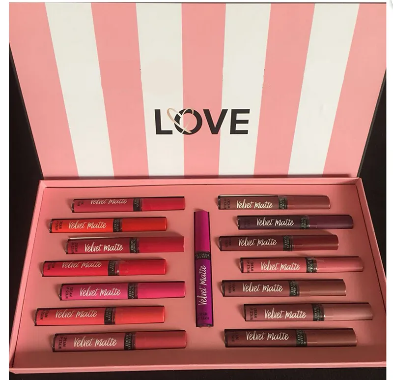 Zestaw makijażu płynny Lipstick 15 Kolory Love Velet Mat Mat Lip Gloss Box Set Lipgloss z papierową torbą dla kobiet DHL 6873781